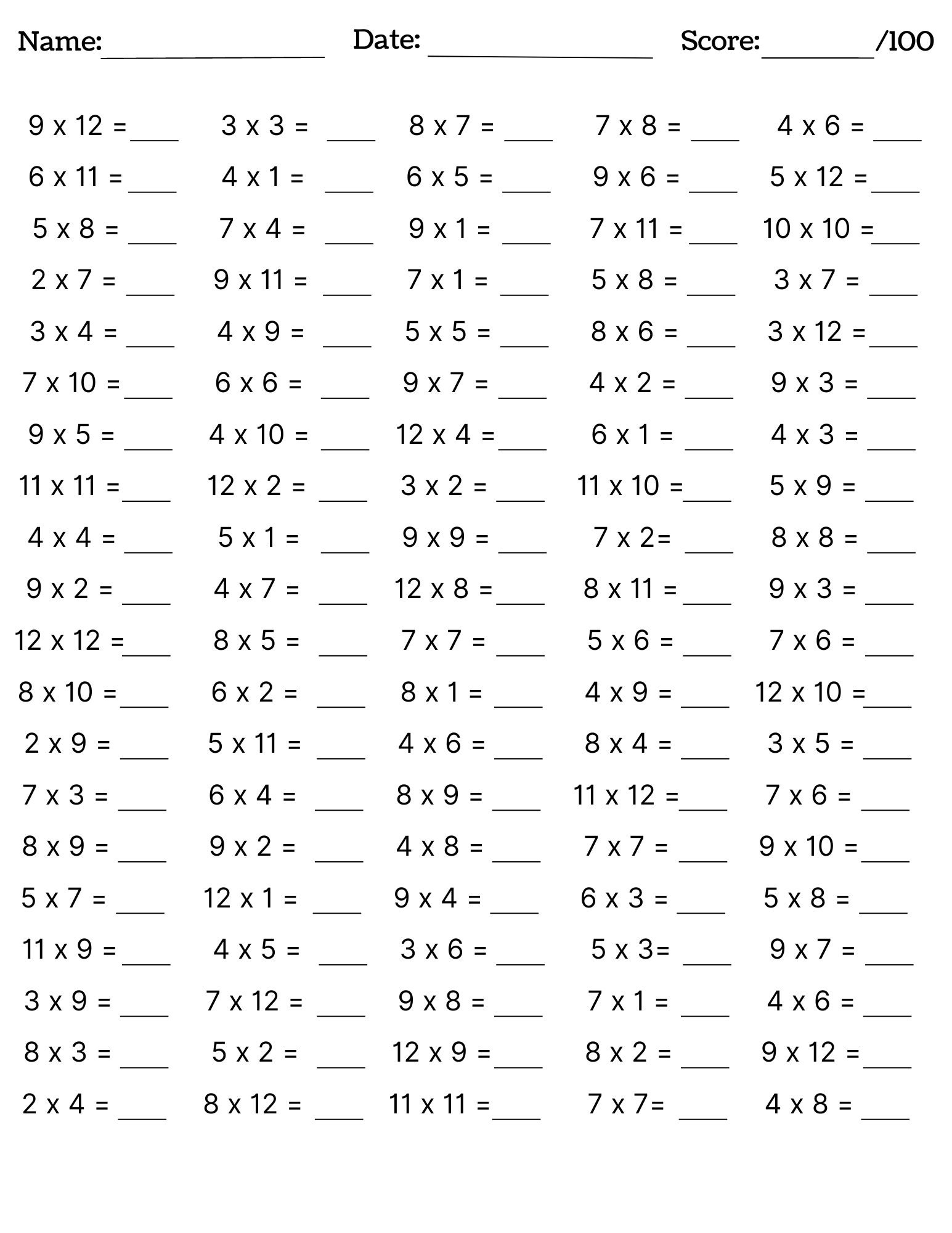 free printable worksheets multiplication