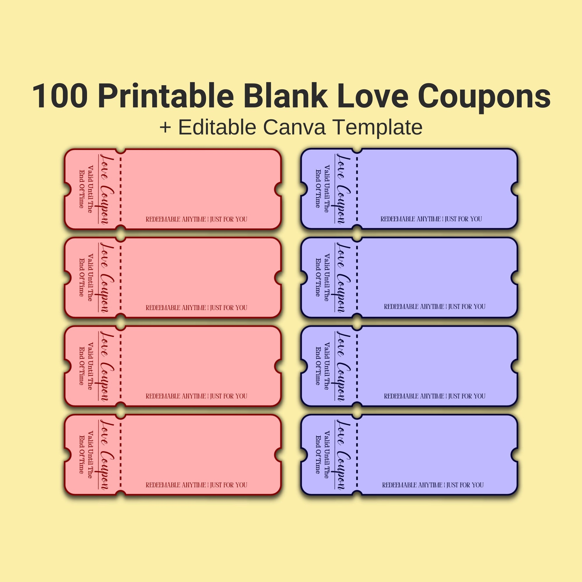 100 Printable Blank Love Coupons For Him And Her Couple Coupons Valentines Day Gift Romantic Anniversary Gift Editable Canva Template Etsy