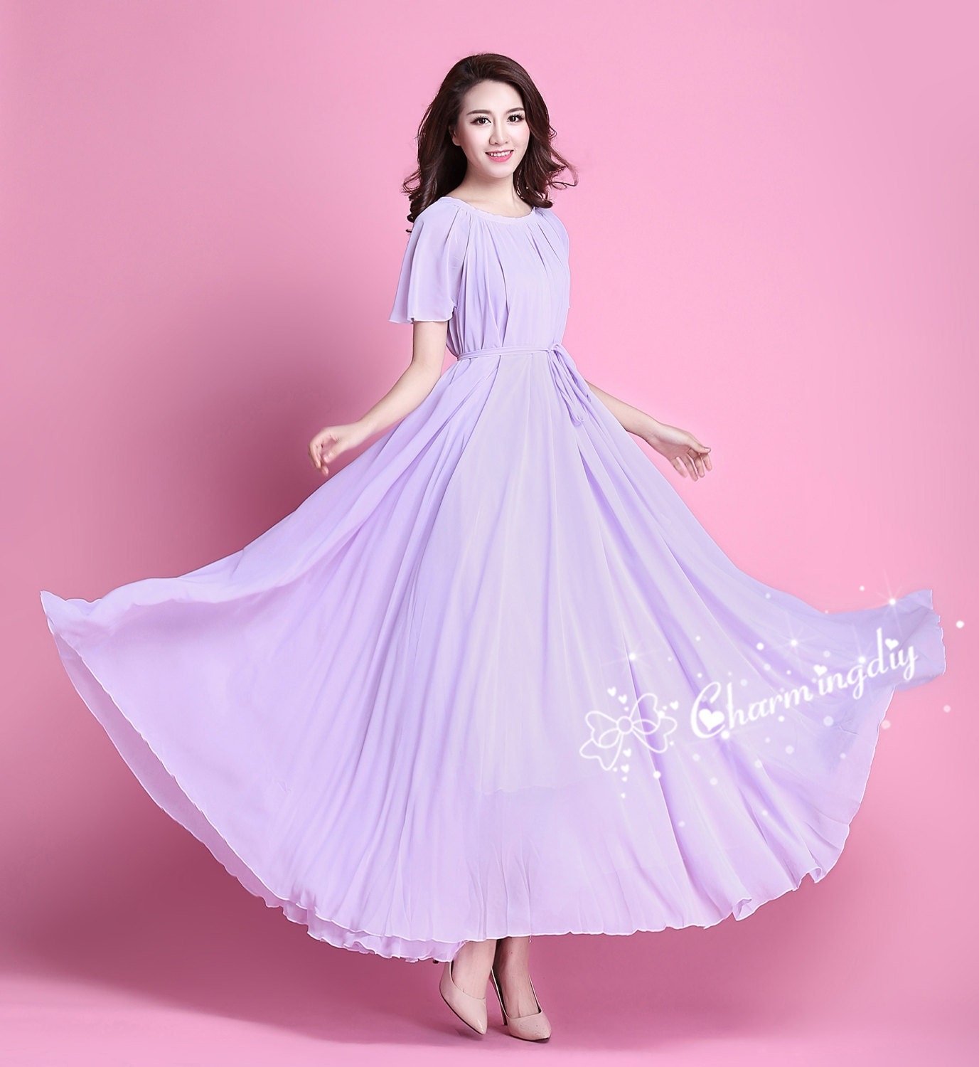 110 Colors Chiffon Light Purple Short Sleeve Long Party Dress 