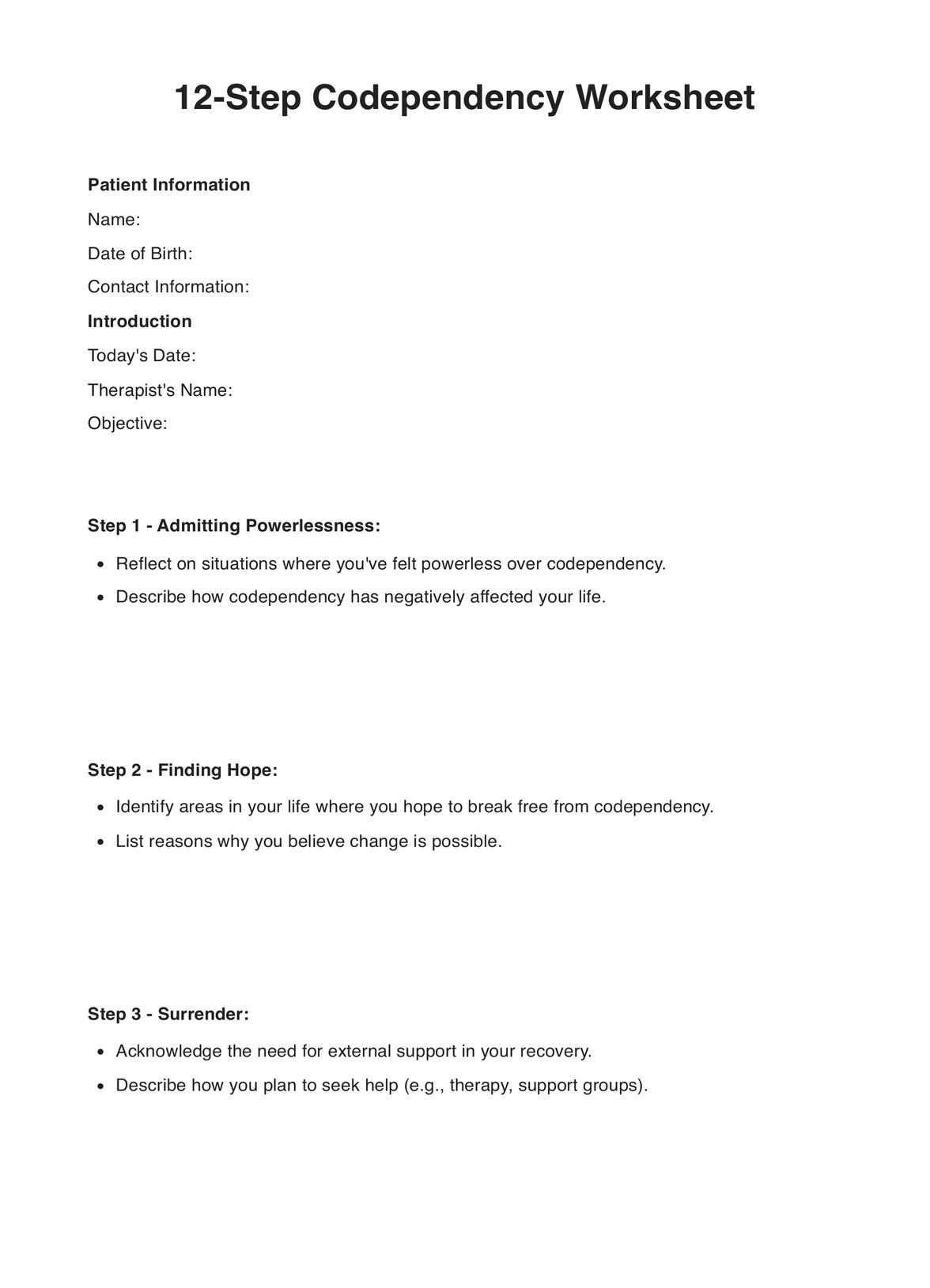 12 Step Codependency Worksheets U0026 Example Free PDF Download