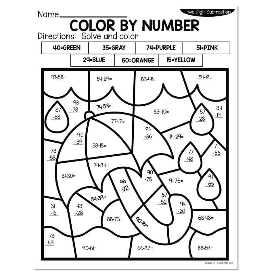 2 Digit Subtraction Summer Color By Number Umbrella Lucky 