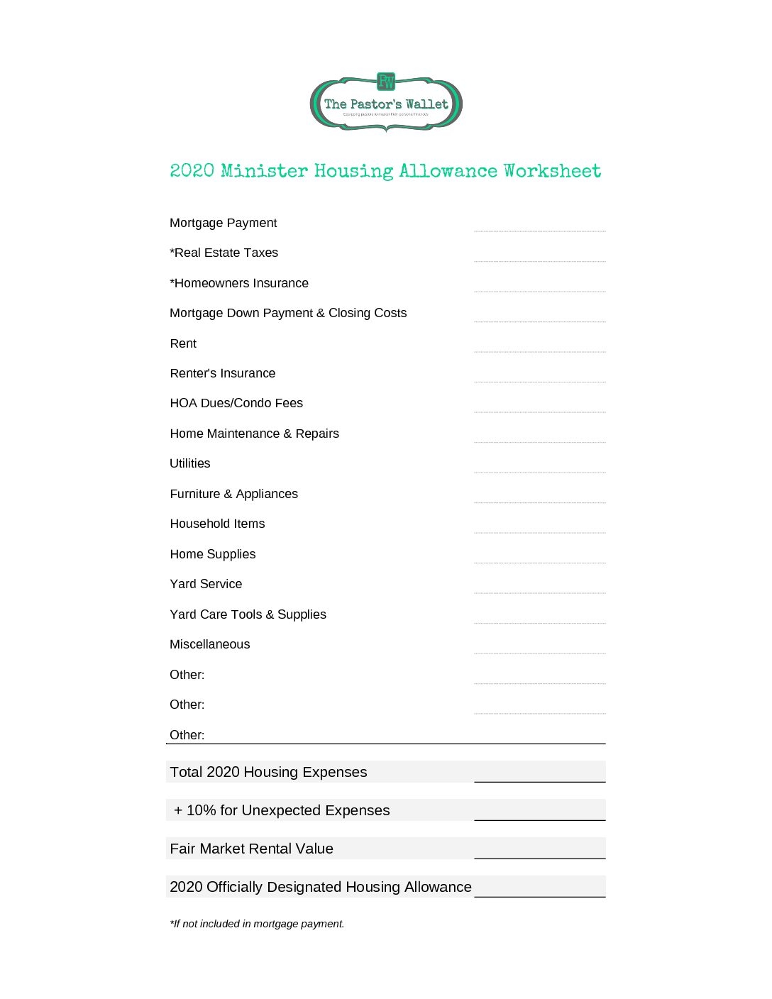 2020 Minister Housing Allowance Worksheet Sheet1 The Pastors Wallet Worksheets Library