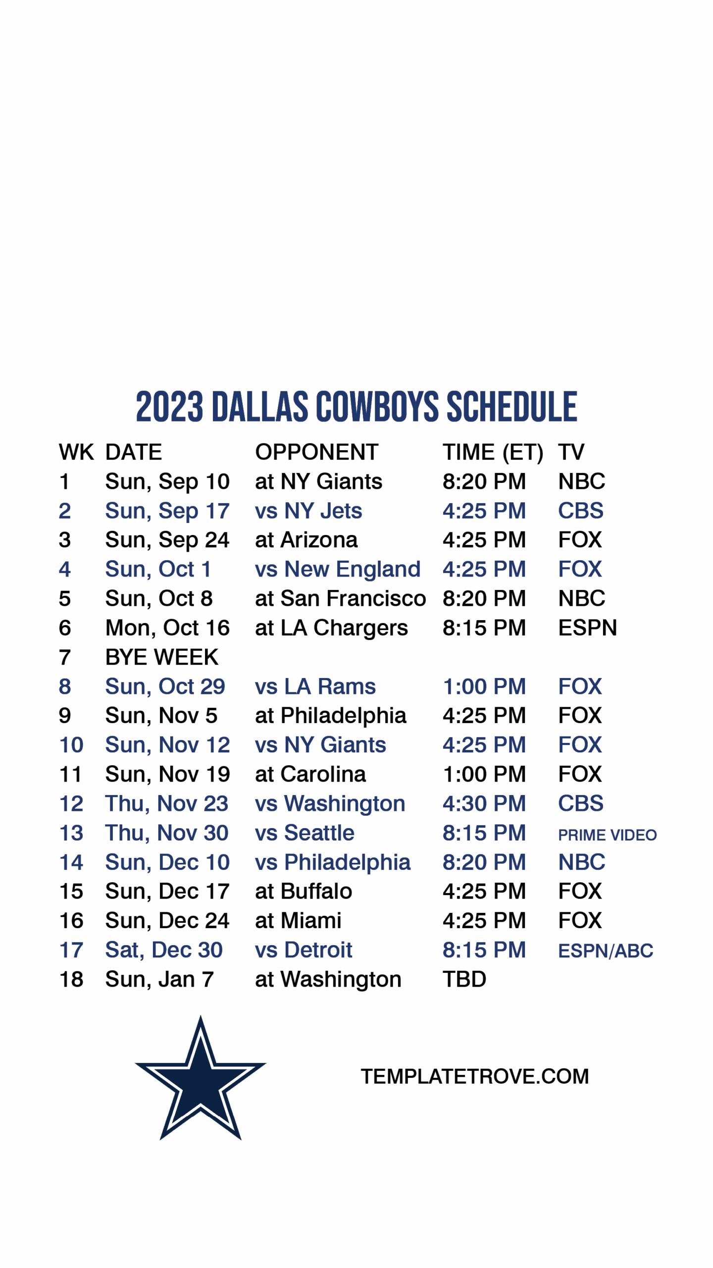 dallas cowboys printable schedule 2024