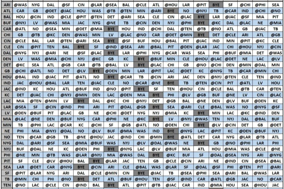 2023 NFL Schedule Team Grid Worksheets Library