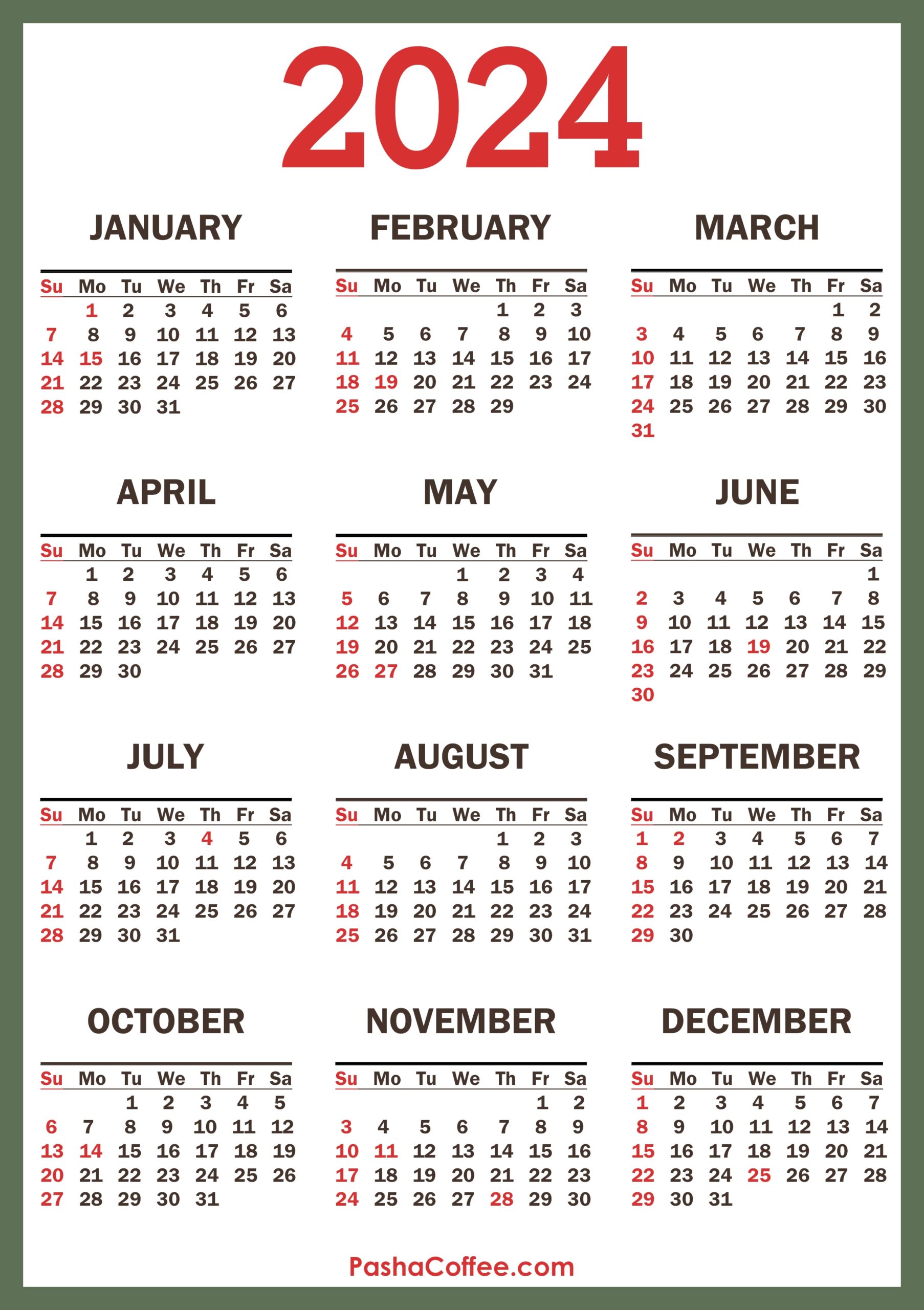 2024 Calendar With Holidays Printable Free Vertical Green 