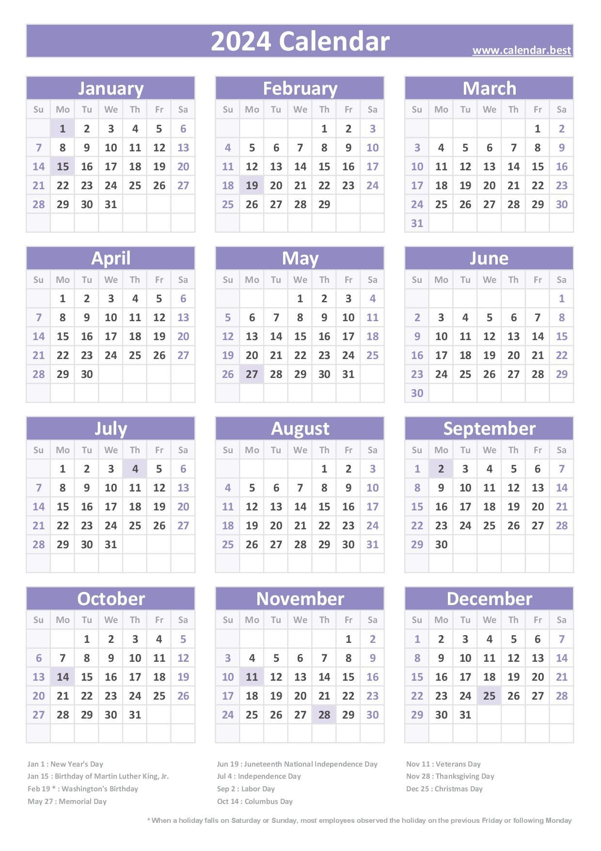free printable 2024 calendars with holidays