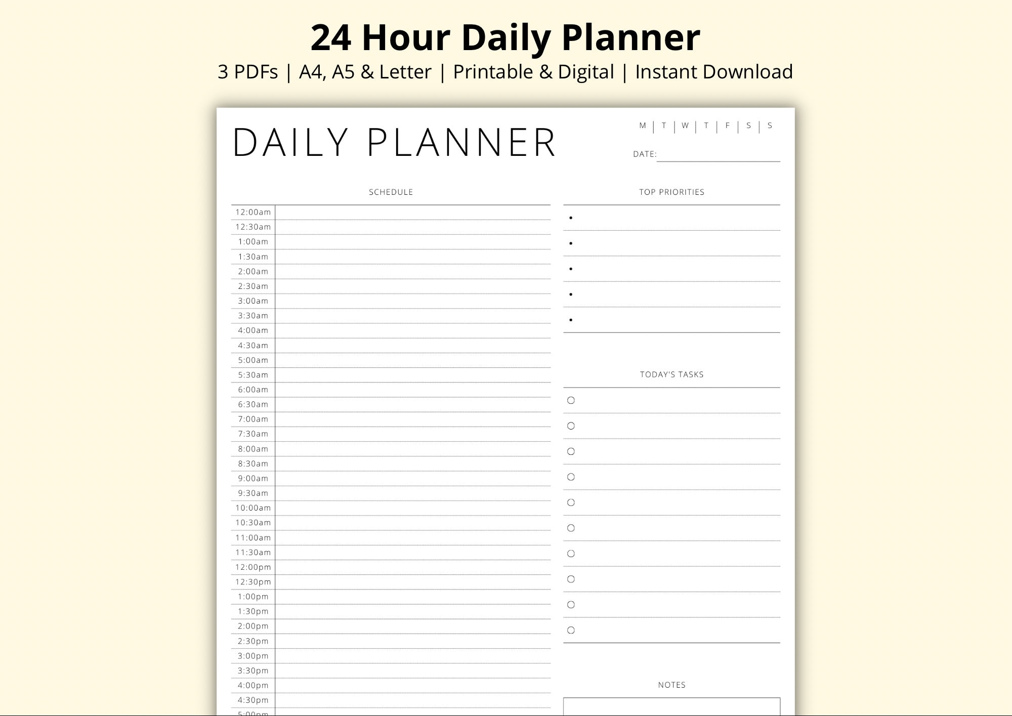 24 Hour Daily Planner 30 Minute Increment Hourly Time Blocking PDF Day Schedule Template Daily Overview Printable digital A4 a5 letter Etsy