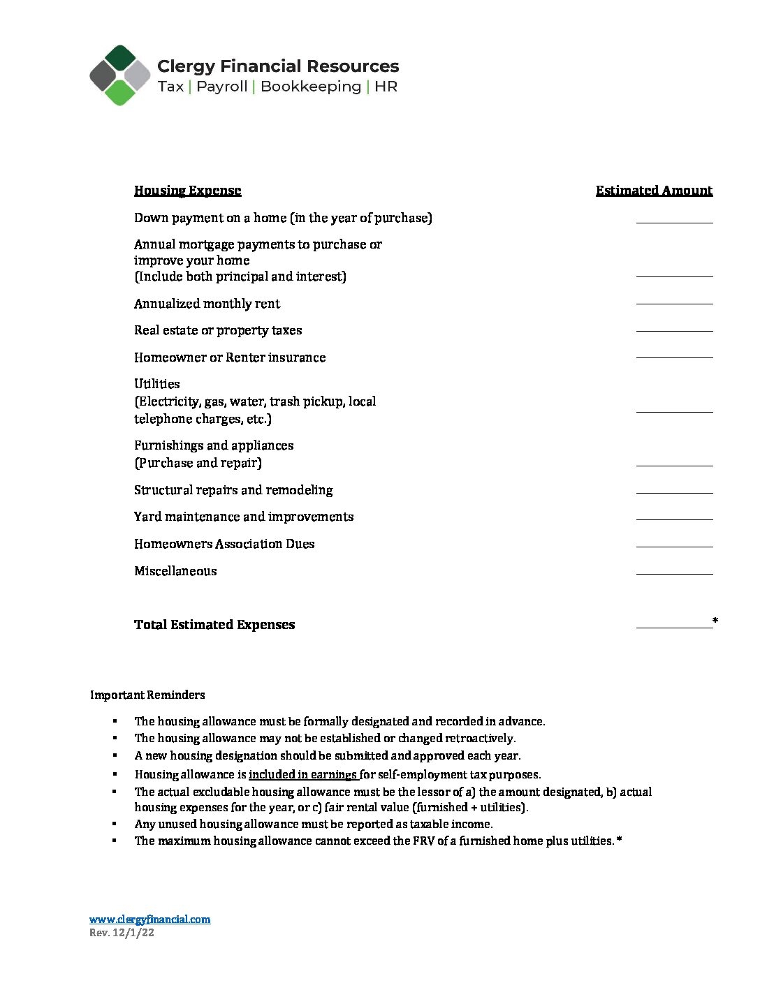 24 Housing Allowance Form Clergy Financial Resources