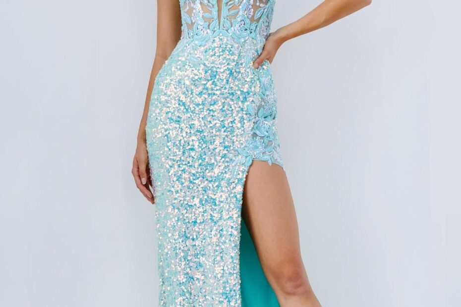 24299 Aqua Illusion Bodice Plunging Neck Prom Dress Jovani