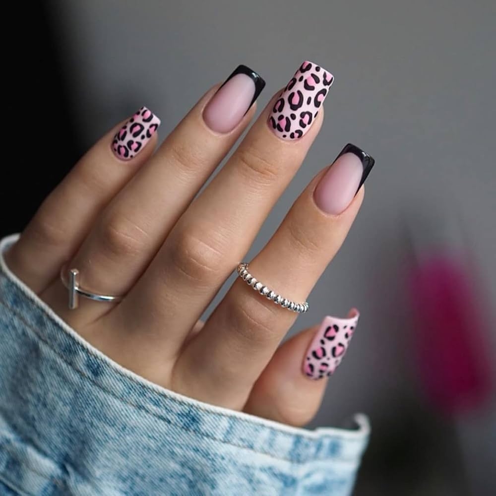 24Pcs Leopard Press On Nails Medium Fake Nails Square Shape Acrylic Nails French Tip Stick On Nails With Designs Glossy Glue On Nails For Women And 
