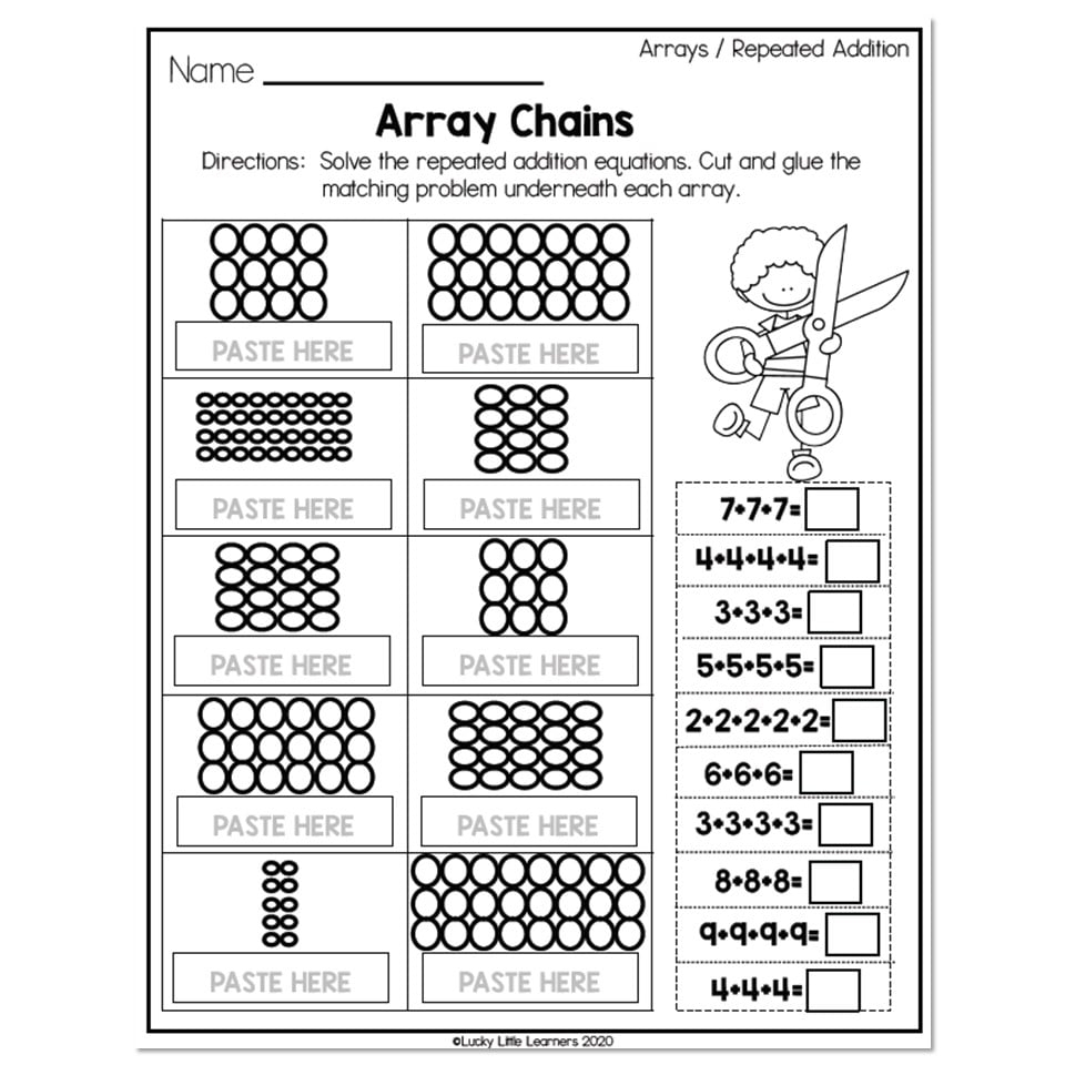 2nd Grade Math Worksheets Operations And Algebraic Thinking Arrays And Repeated Addition Array Chains Lucky Little Learners