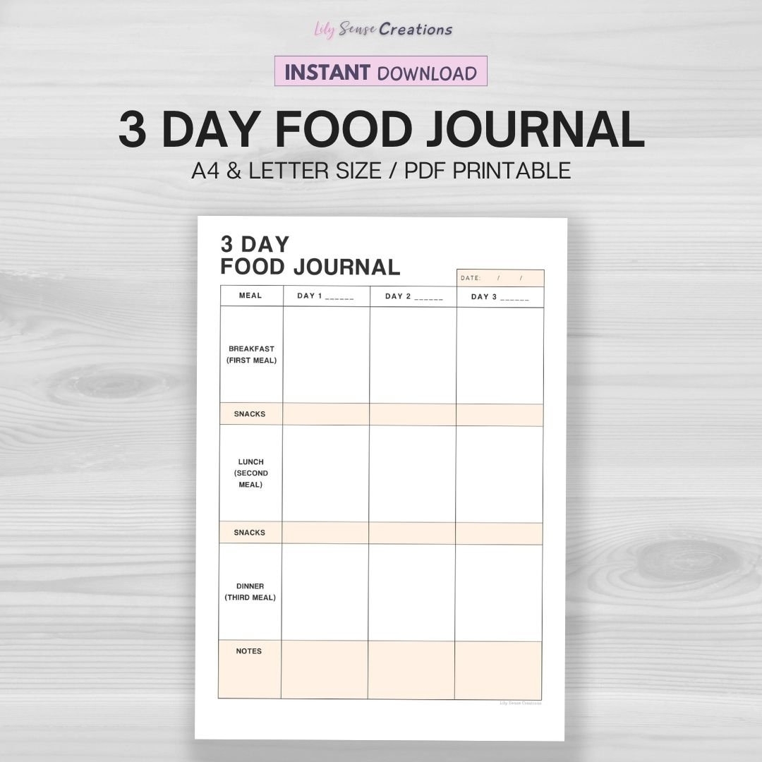 3 Day Food Journal Printable Food Tracker Food Log Daily Food Diary Diet Tracker Meal Tracker Health And Wellness Etsy