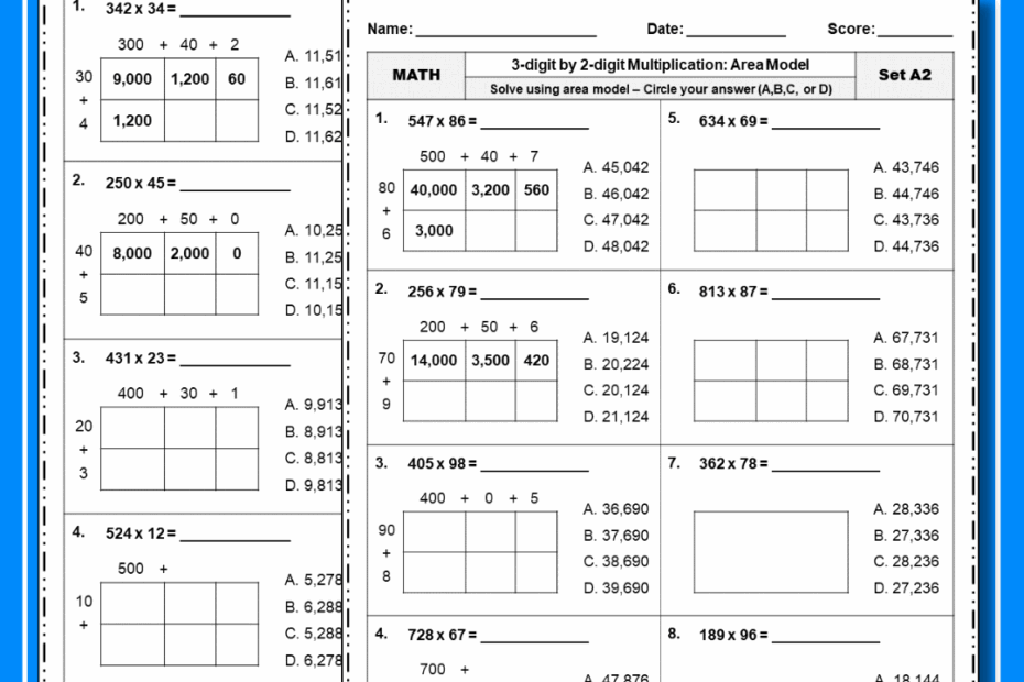 3 Digit By 2 Digit Area Model Multiplication Worksheets