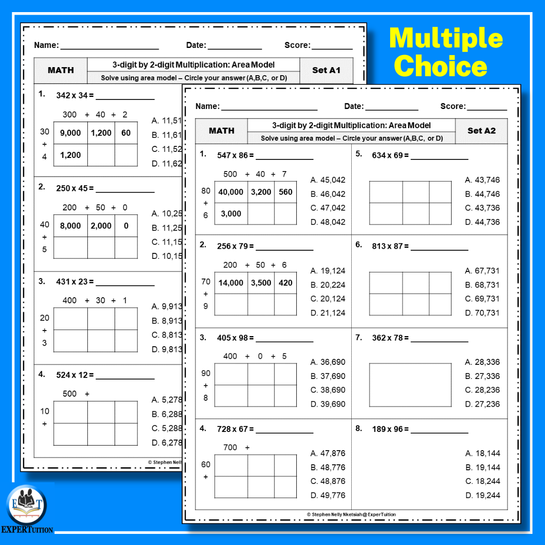 3 Digit By 2 Digit Area Model Multiplication Worksheets