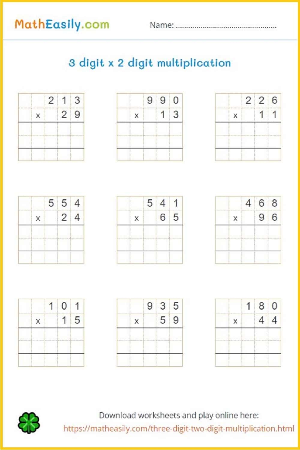 3 Digit By 2 Digit Multiplication Games Worksheets