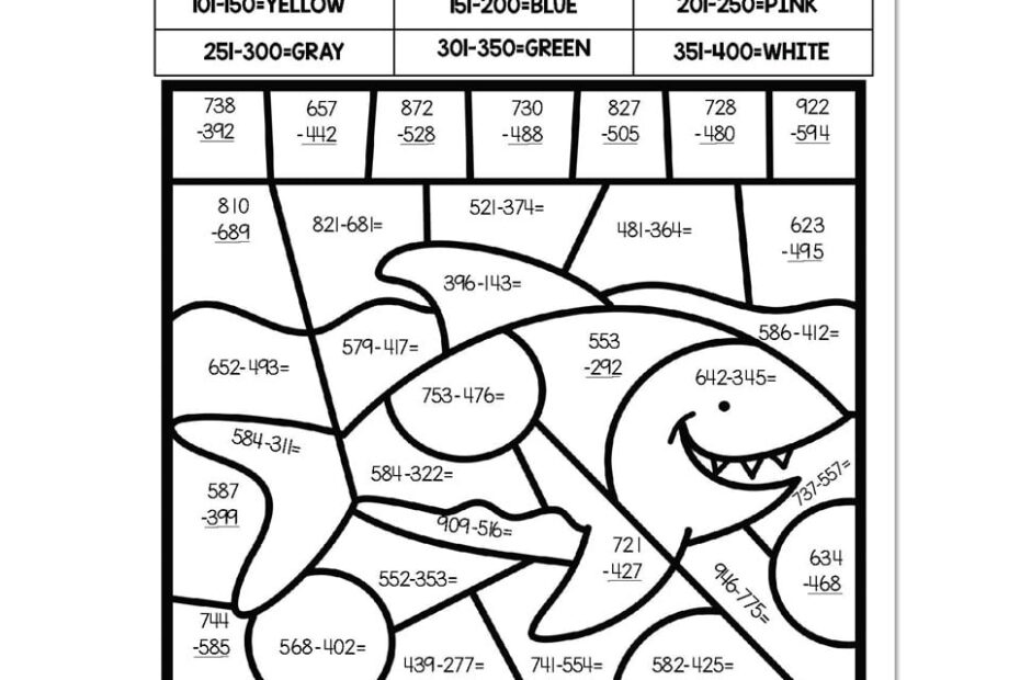 3 Digit Subtraction Summer Color By Number Shark Lucky Little Learners