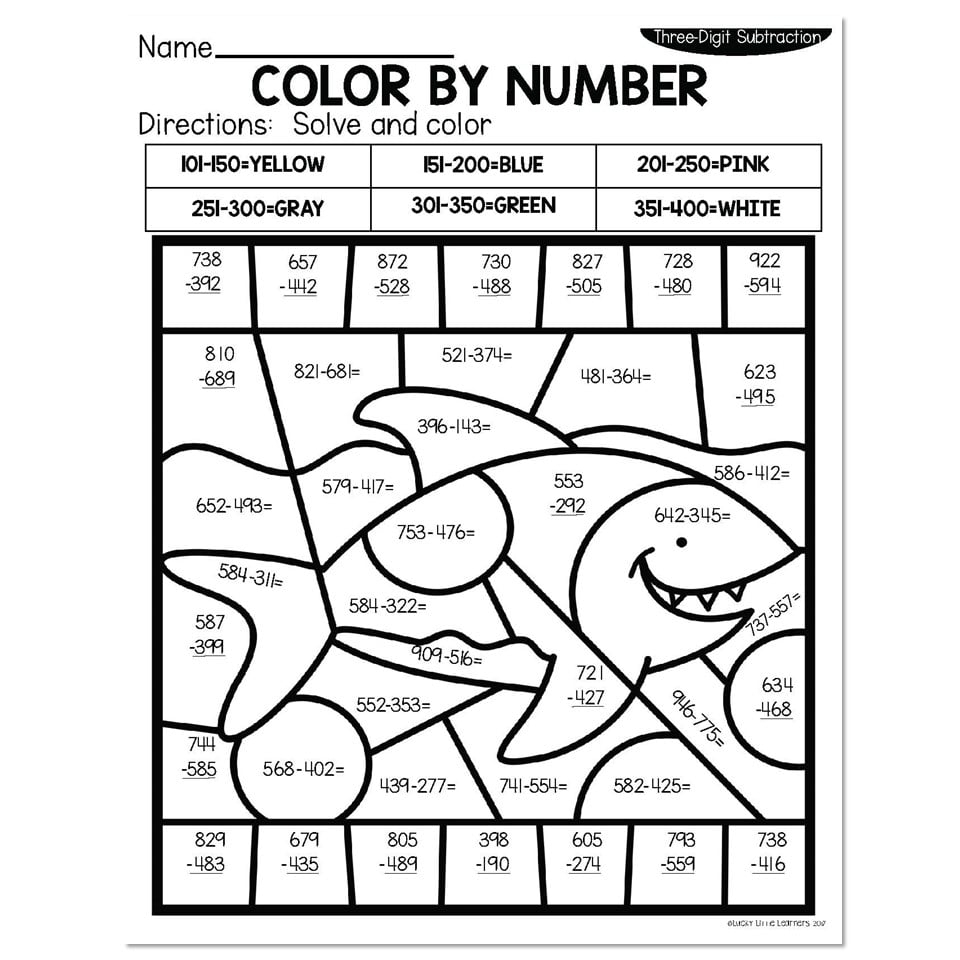 3 Digit Subtraction Summer Color By Number Shark Lucky Little Learners