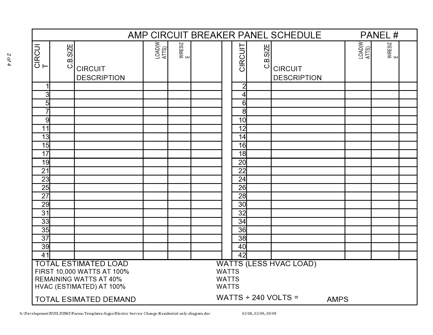 electrical panel schedule template