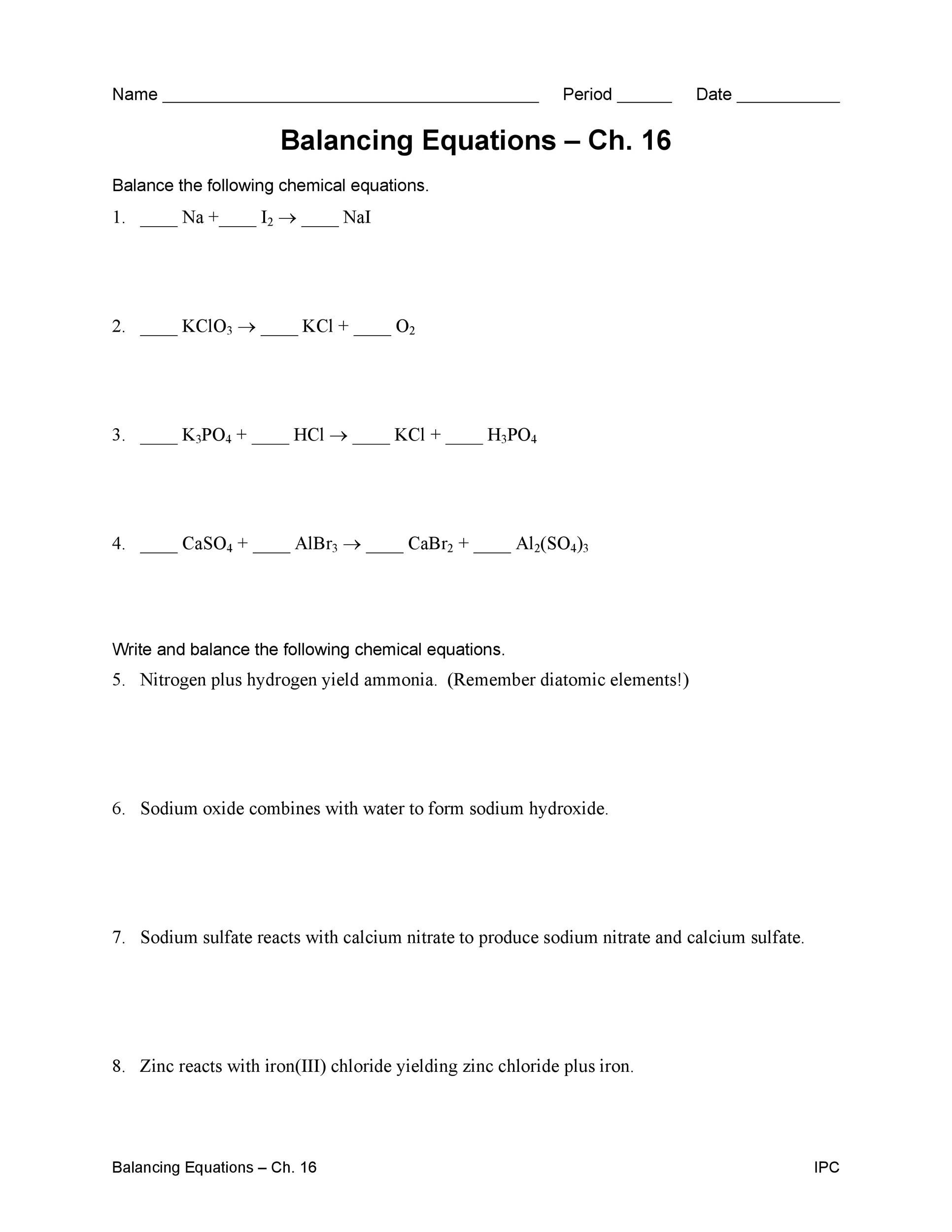 49 Balancing Chemical Equations Worksheets with Answers 