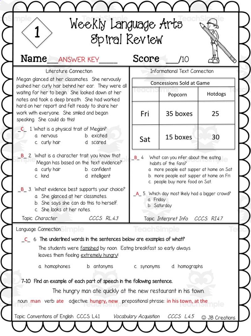 4th Grade Language Arts Weekly Review