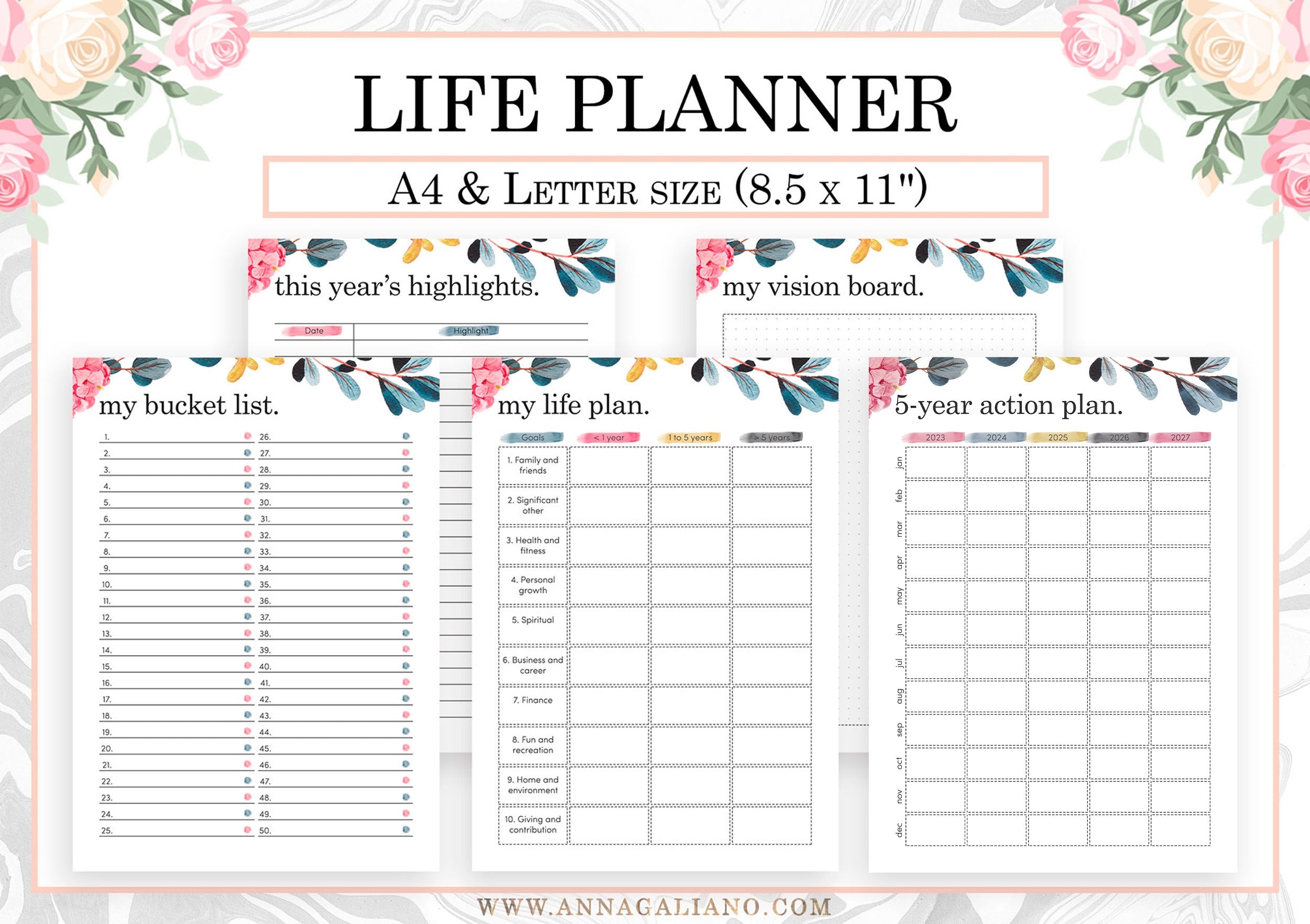 5 year Life Planner Printable New Year Resolutions Highlights Goal Planner Vision Board Bucket List Life Plan Me Planner A4 Letter Etsy