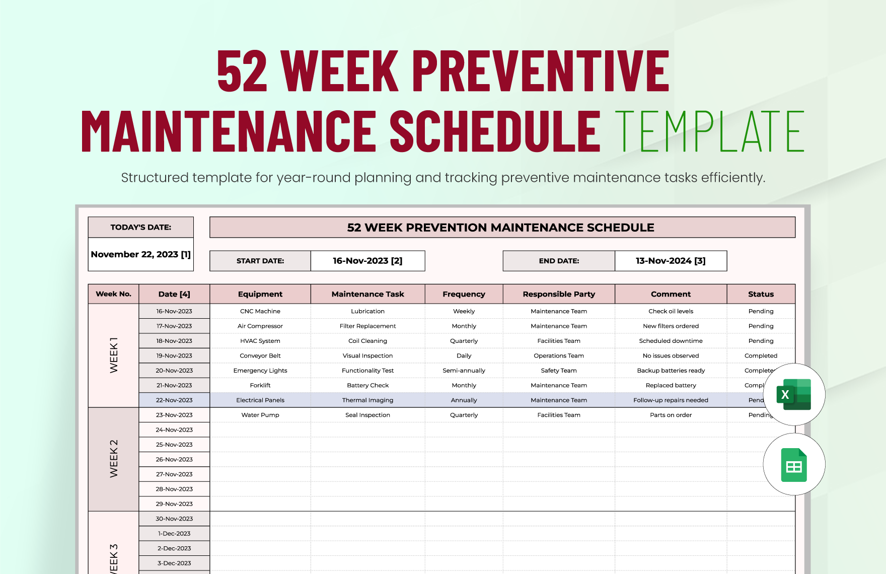 52 Week Preventive Maintenance Schedule Template In Excel Google Sheets Download Template