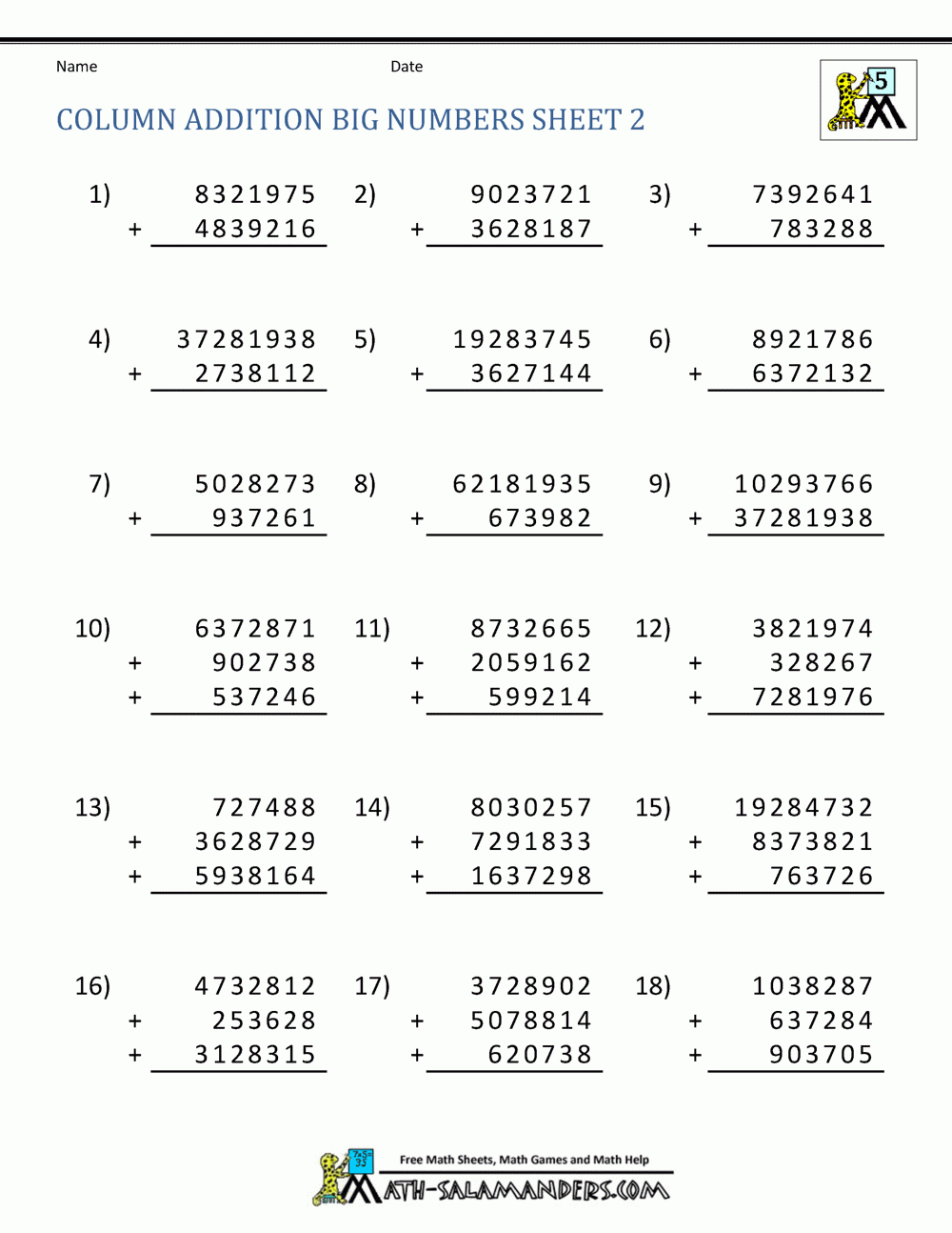 5th Grade Addition Worksheets