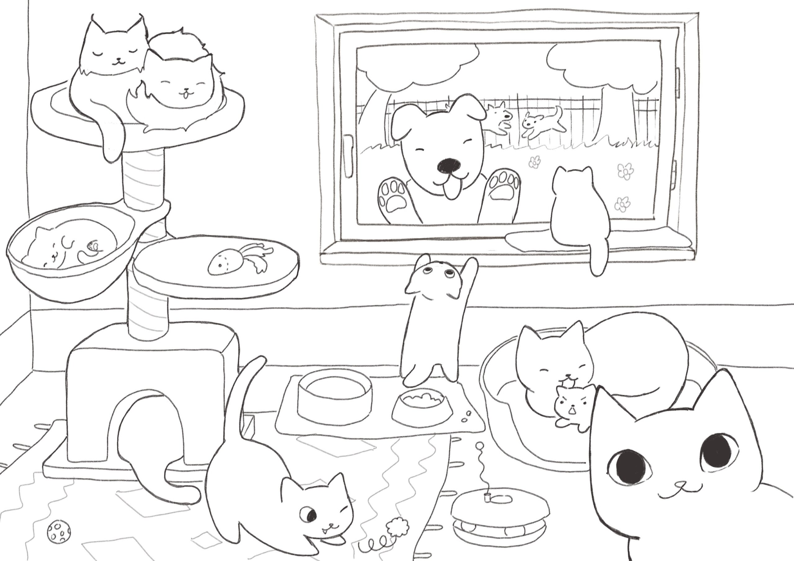 A4 Digital Printable Cats Kittens And Dogs Cat And Dog Coloring Page For Children Or Adults Digital Print Cats And Dog Etsy