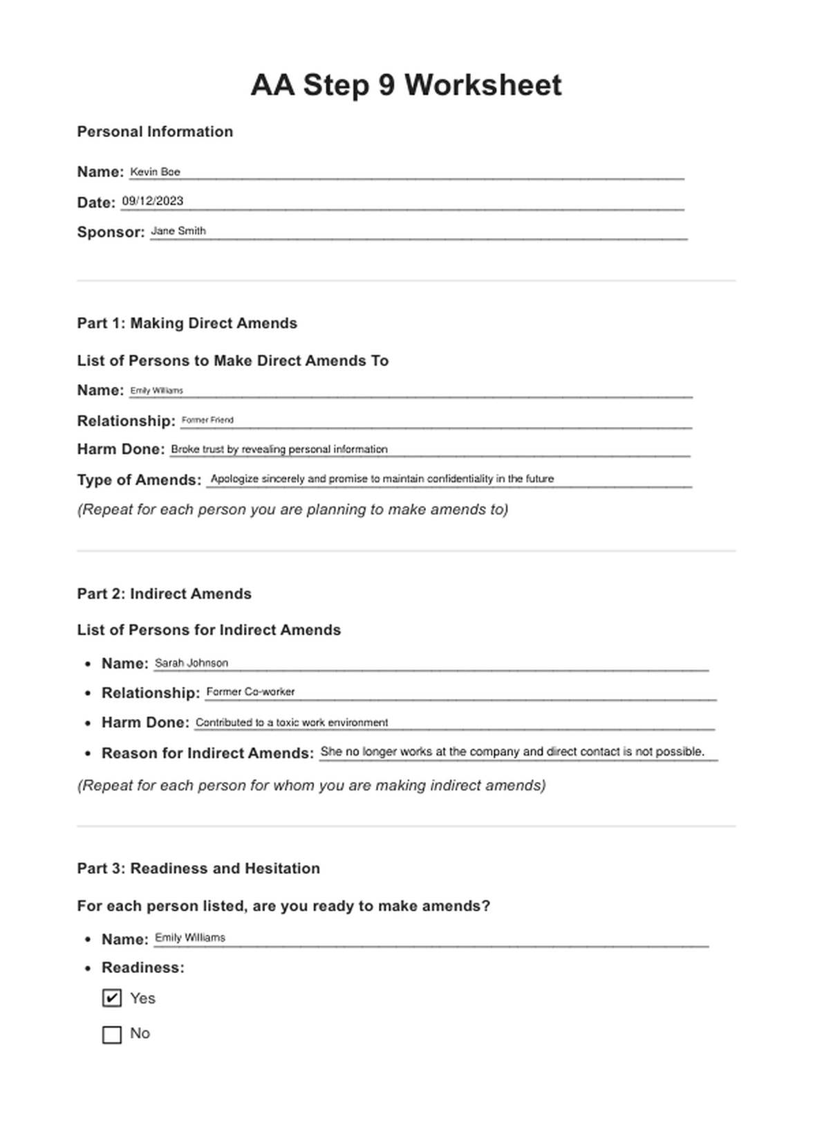aa worksheets step 2