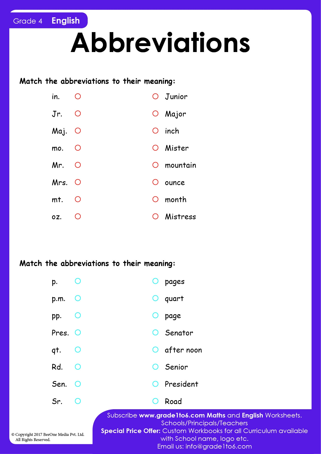 Abbreviations Worksheets Grade1to6