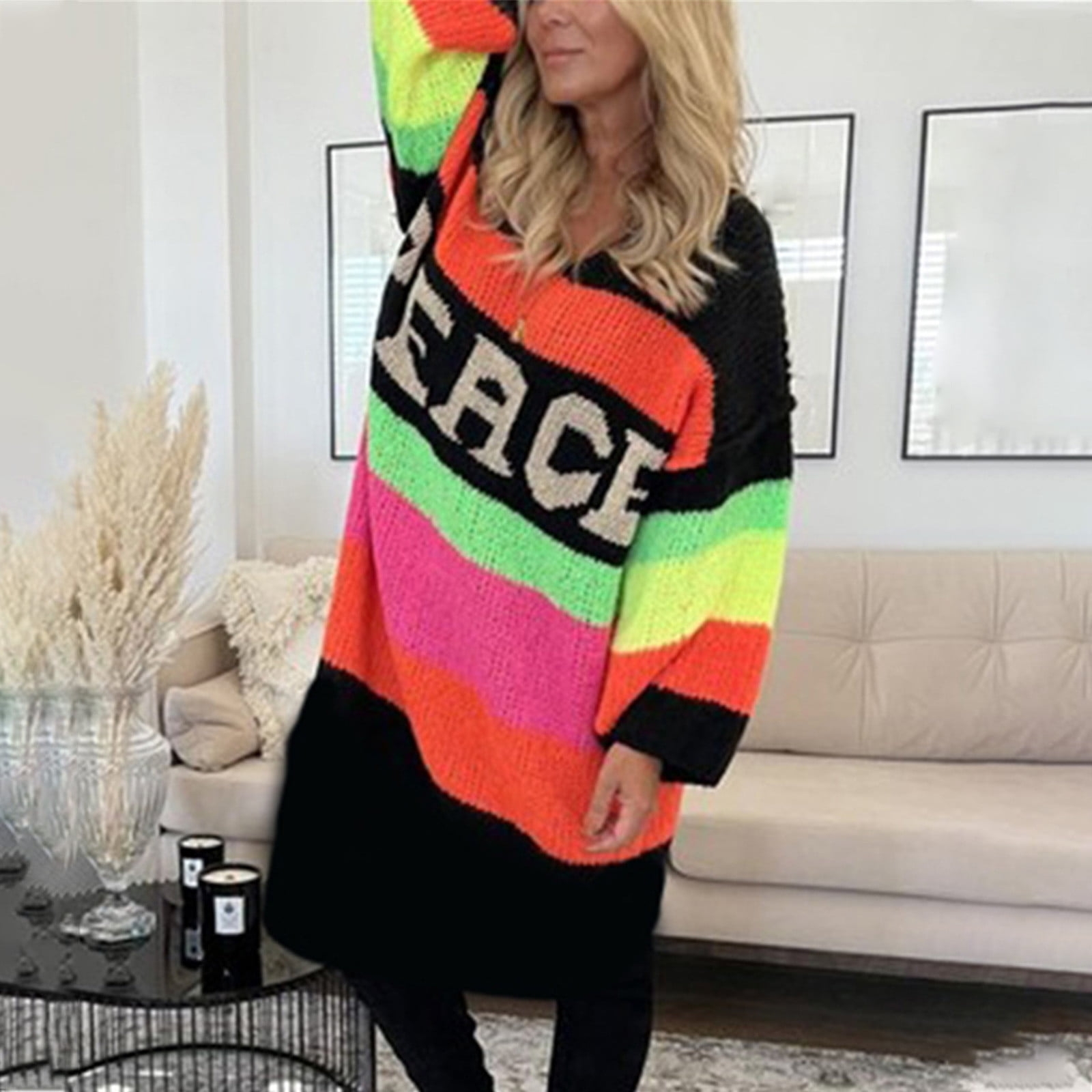 ABOUTYES Women Trendy Oversized Sweater Dress Peace Letter Print Color Block Midi Dresses V Neck Long Sleeve Casual Knit Robe