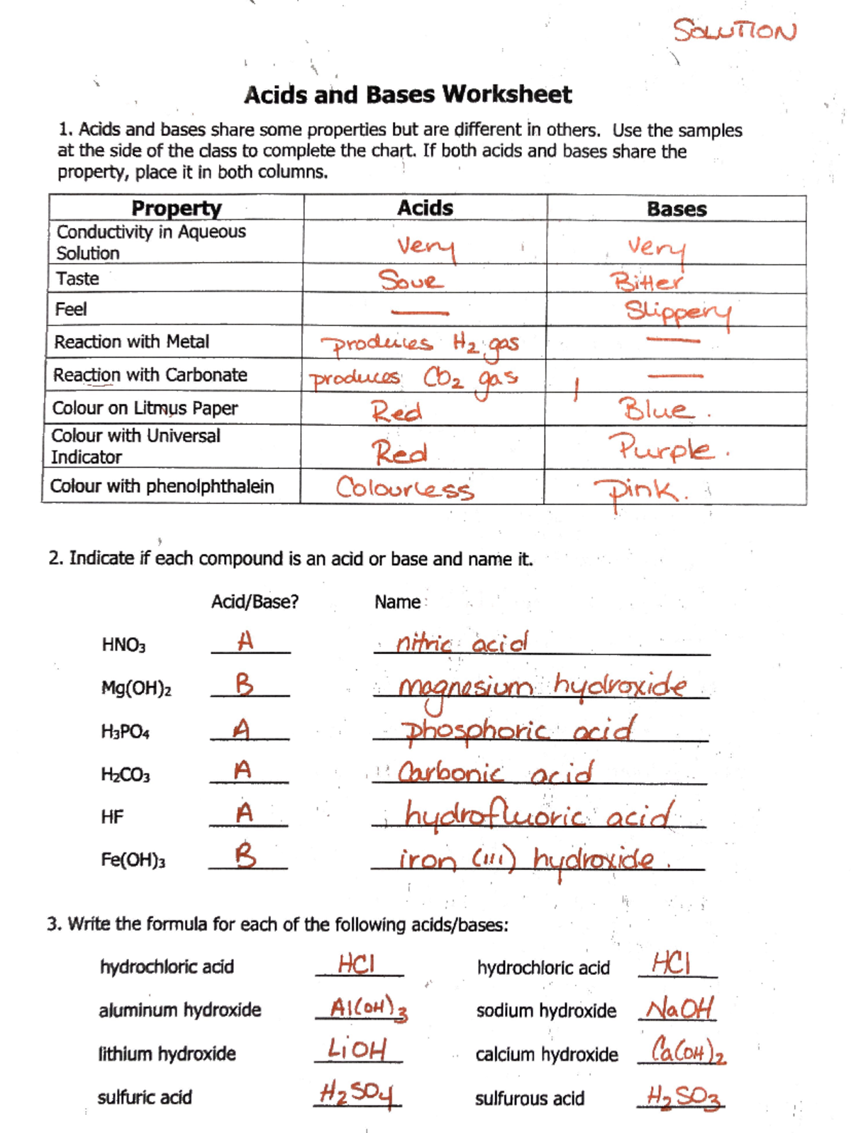 Acid Base Worksheet Answers SOLUTION Acids And Bases Worksheet 1 