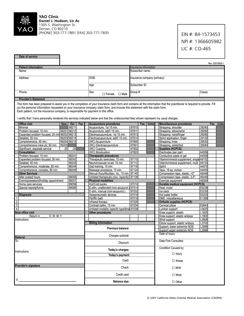 Acupuncture Superbill Template Printable Blank PDF Online