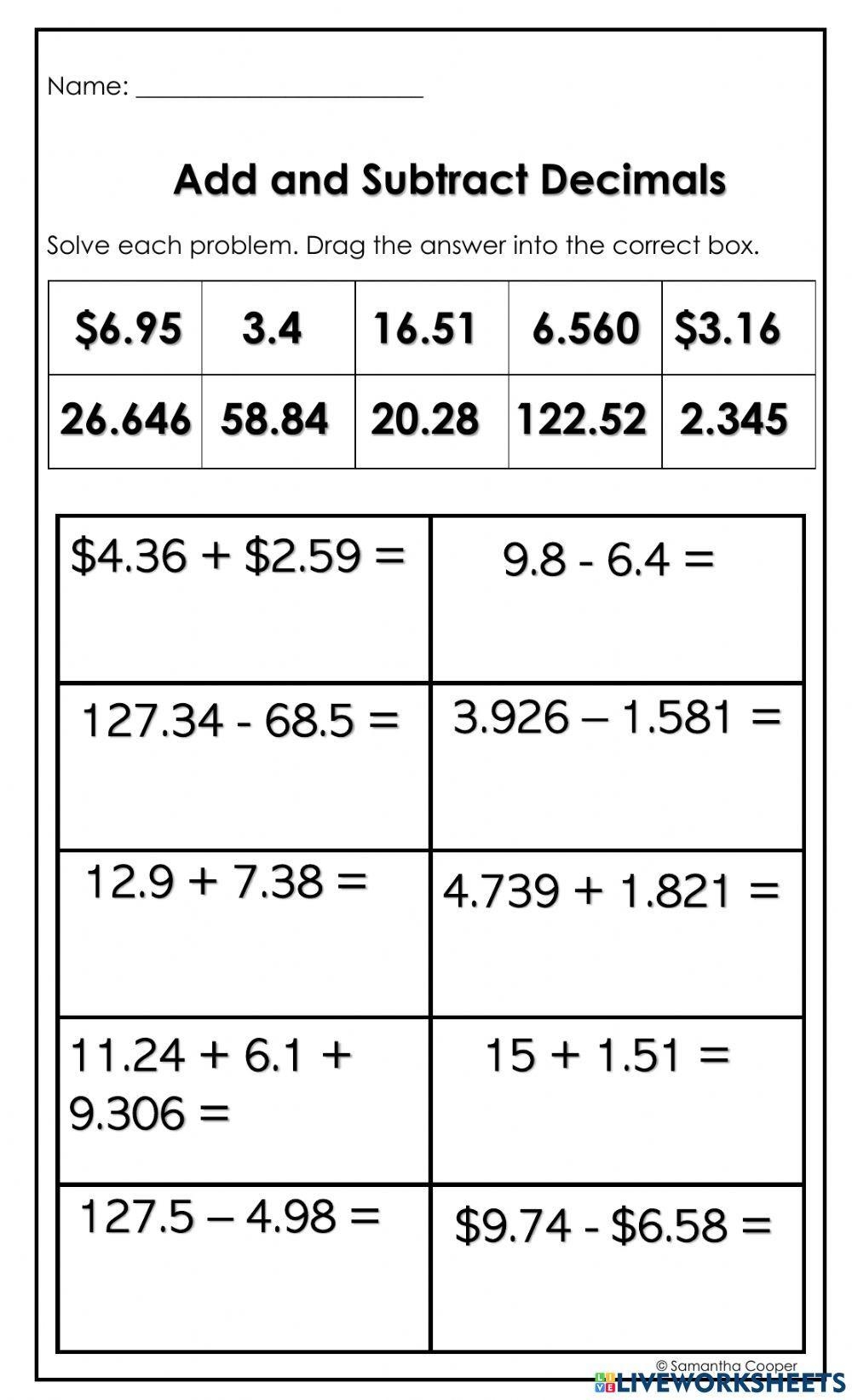 Add And Subtract Decimals Online Exercise Live Worksheets Worksheets Library