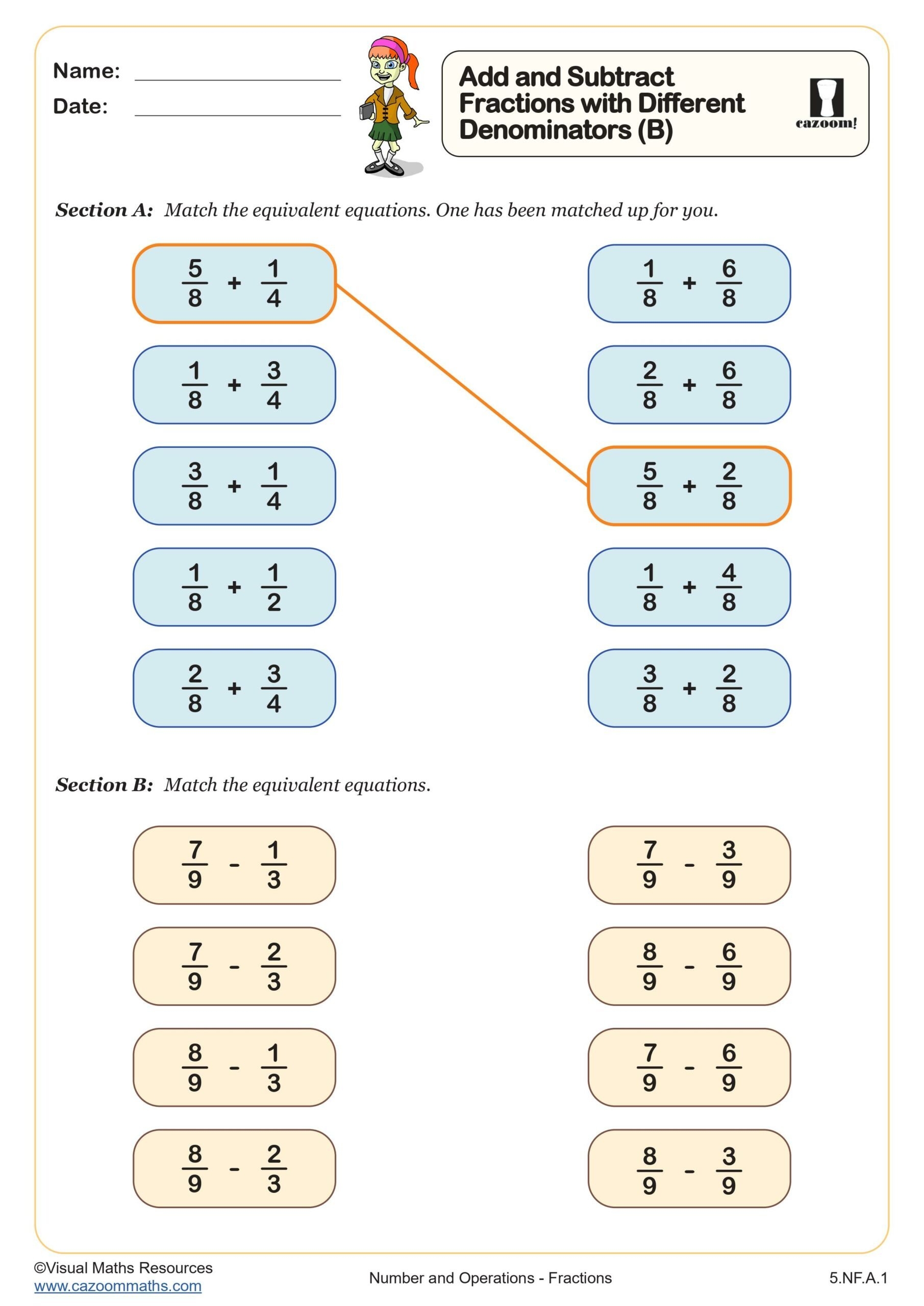 Add And Subtract Fractions With Different Denominators B Worksheet Printable PDF 5th Grade Number U0026 Operations Worksheet