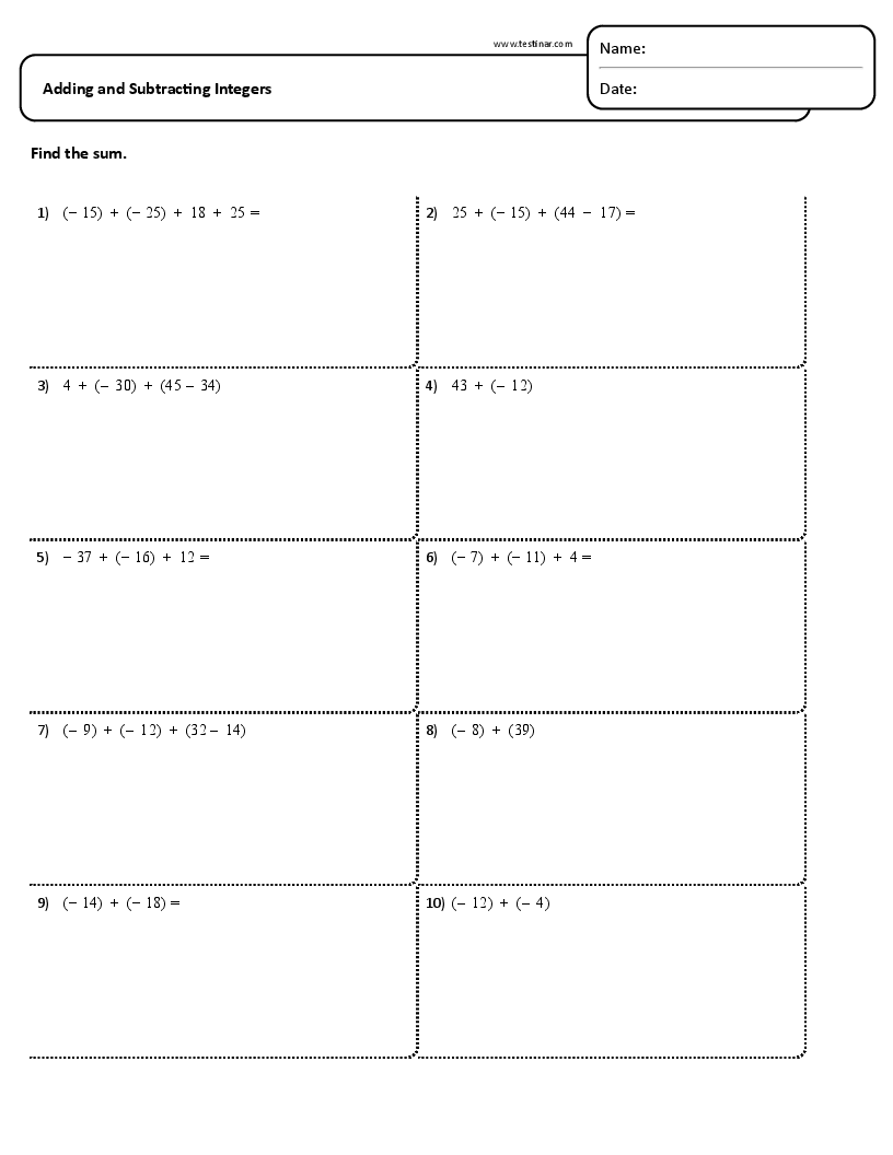 adding and subtracting integers worksheet 7th grade