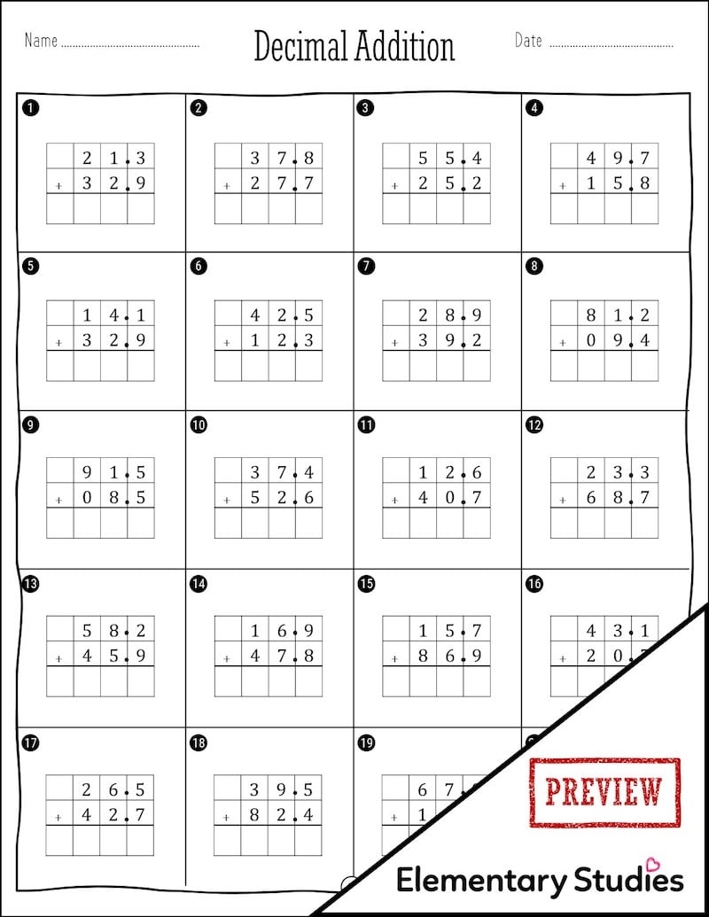 Adding Decimals Worksheets Elementary Studies