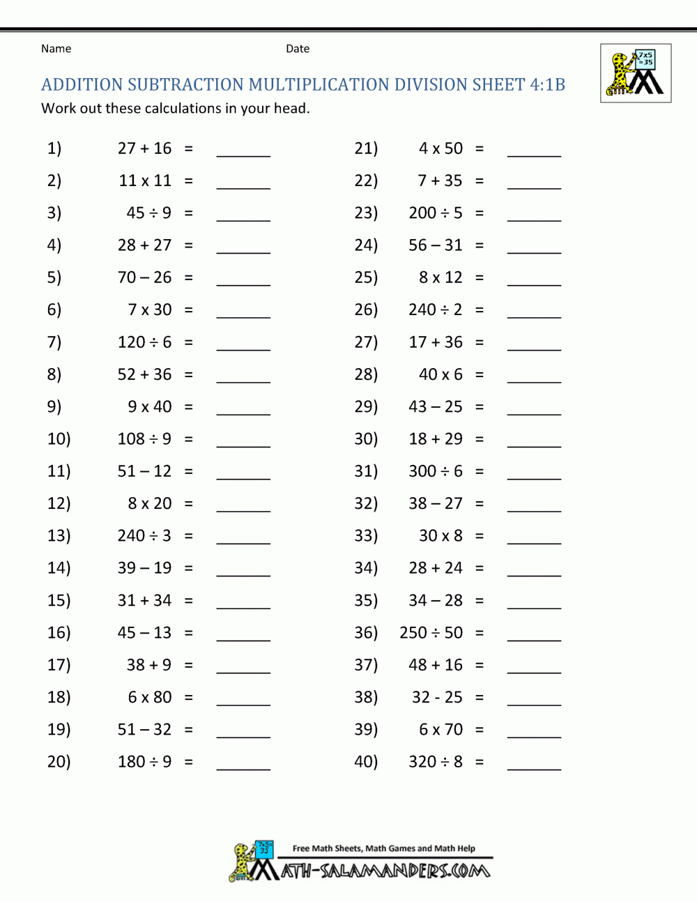 Addition Subtraction Multiplication Division Worksheets