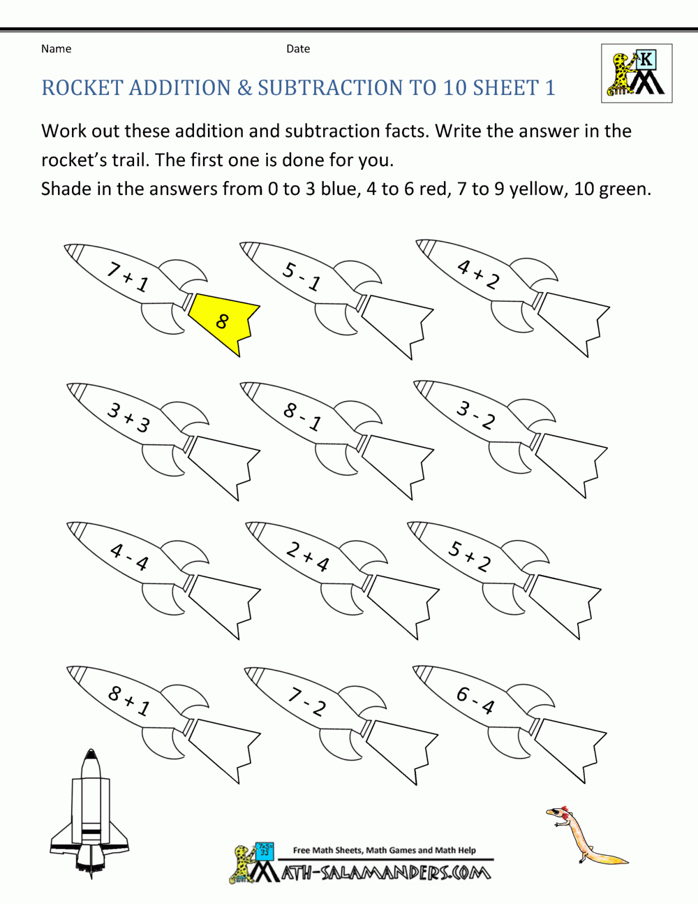 subtract and color worksheets