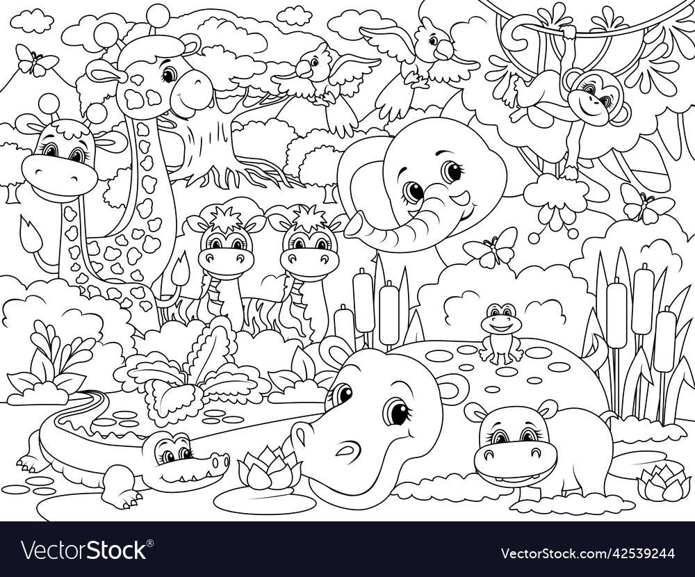 African Animals Cartoon Coloring Page Outline Vector Image