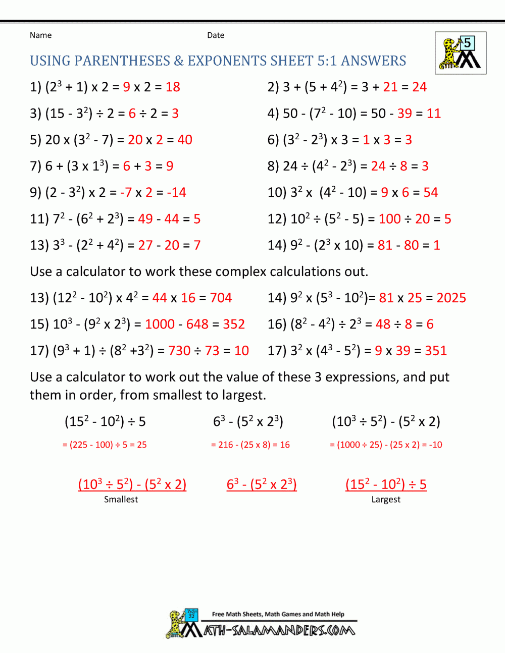 exponents worksheets pdf with answers