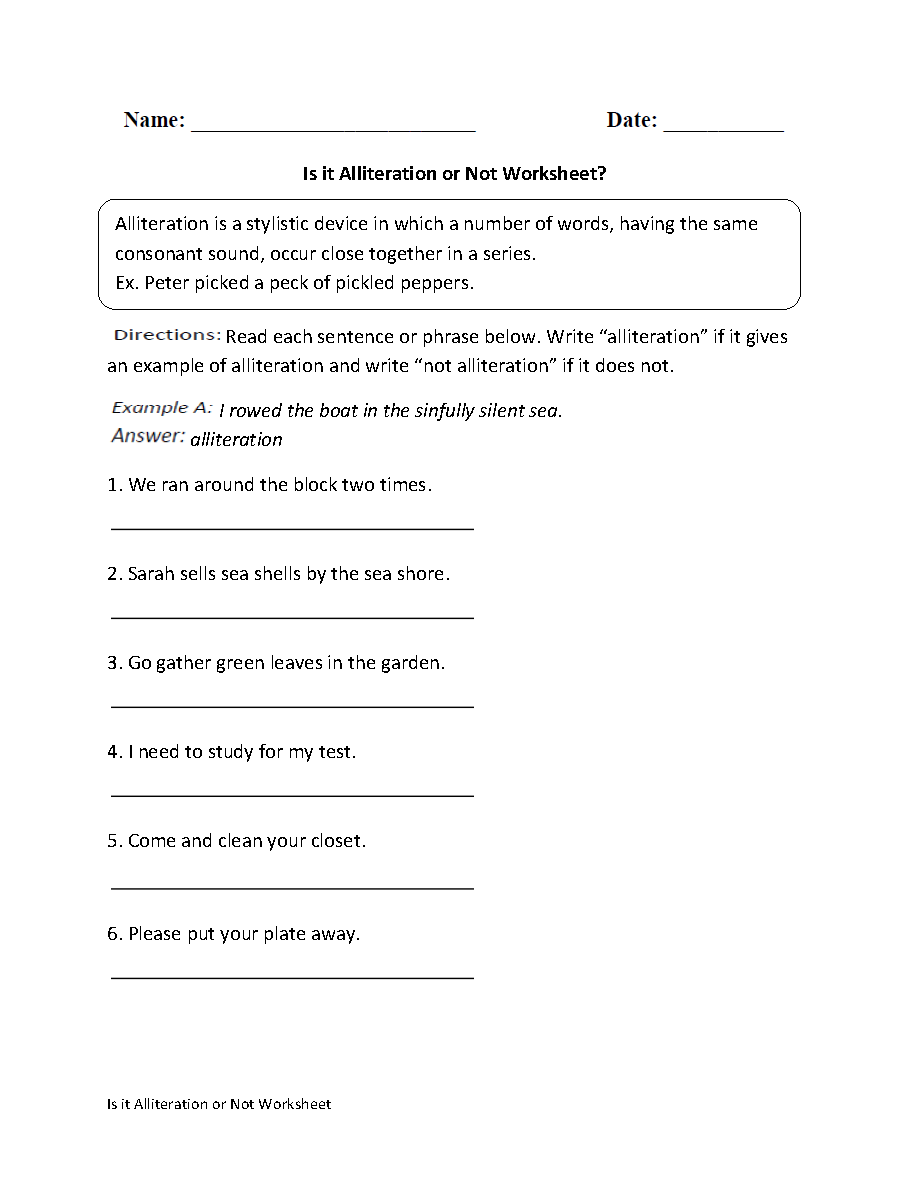 Alliteration Worksheets Is It Alliteration Or Not Worksheet