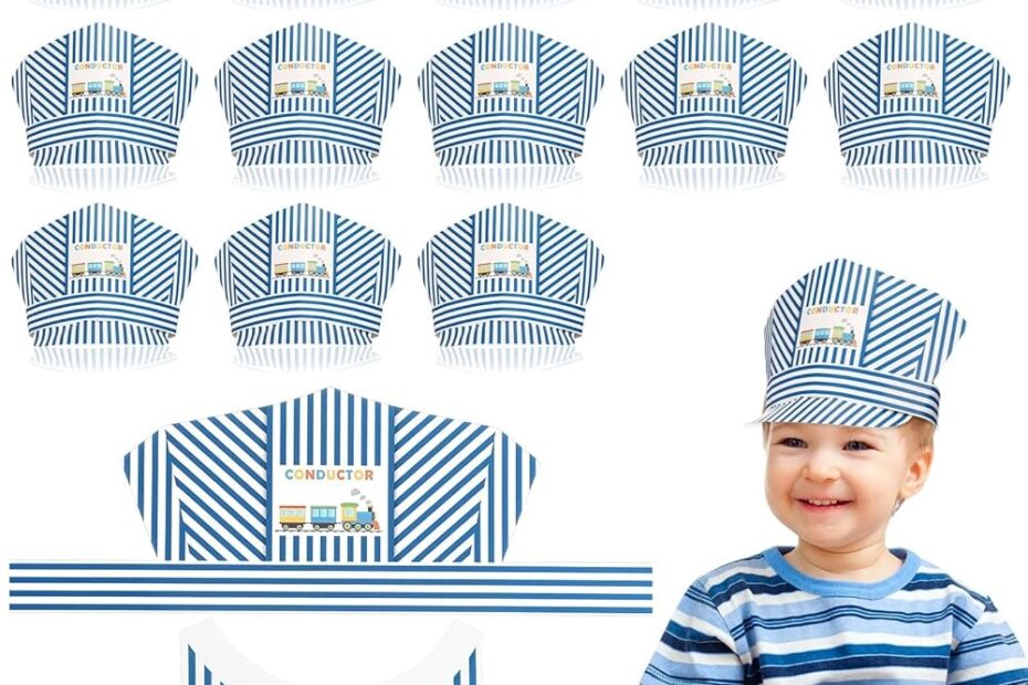 Amazon Bonuci 20 Pieces Paper Train Party Hats Train Engineer Hats For Kids Cosplay Conductor Costume Halloween Blue And White Stripes Themed Party Photo Props Toys U0026 Games