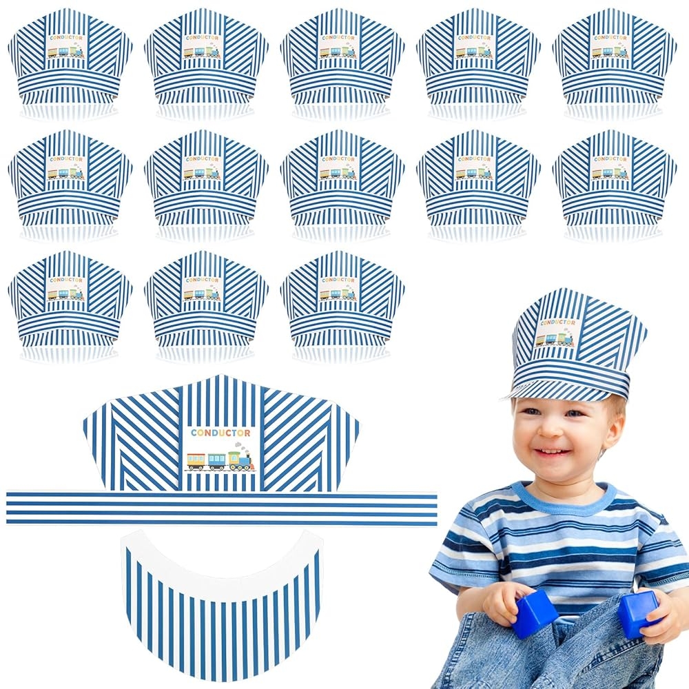 Amazon Bonuci 20 Pieces Paper Train Party Hats Train Engineer Hats For Kids Cosplay Conductor Costume Halloween Blue And White Stripes Themed Party Photo Props Toys U0026 Games