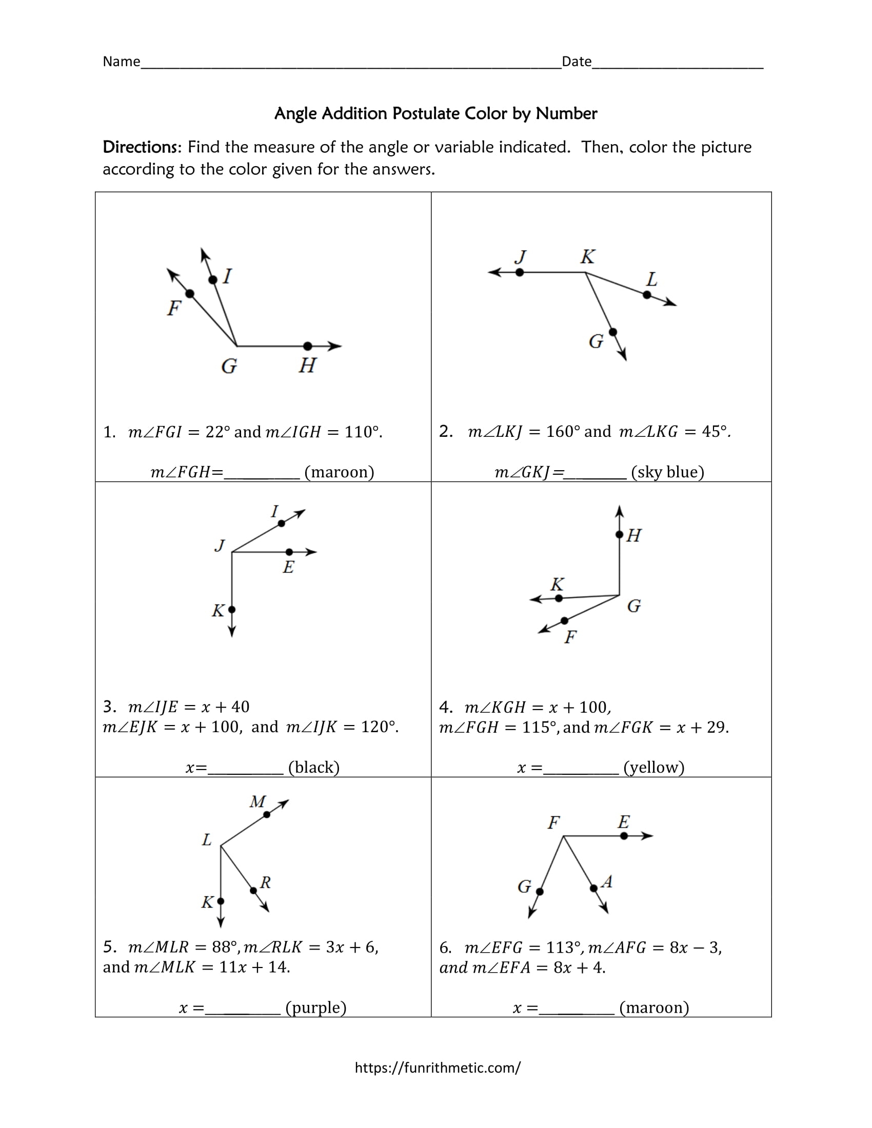 Angle Addition Postulate Color By Number Worksheets Library