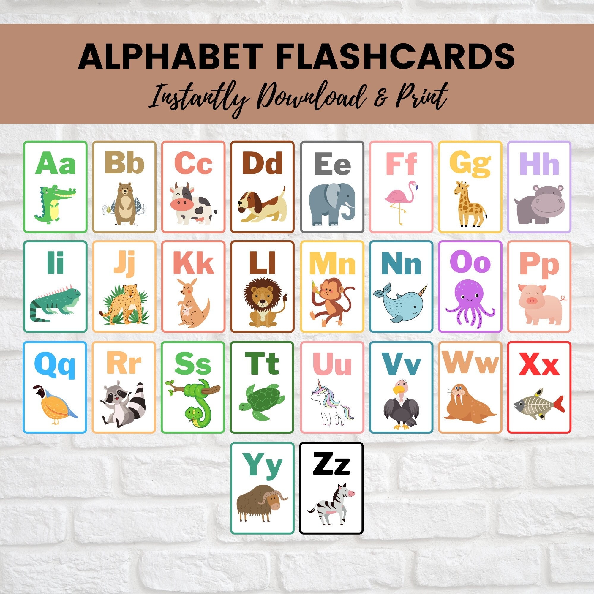Animal Alphabet Flashcards Printable Letter Flash Cards Homeschool Back To School Preschool Kindergarten Digital Download ABC Activity Etsy