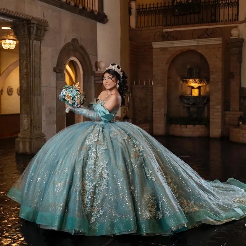 Aqua Blue Luxury Quinceanera Dress Applique Lace Beaded Princess Ball Gown Sweet 15 16 Dresses