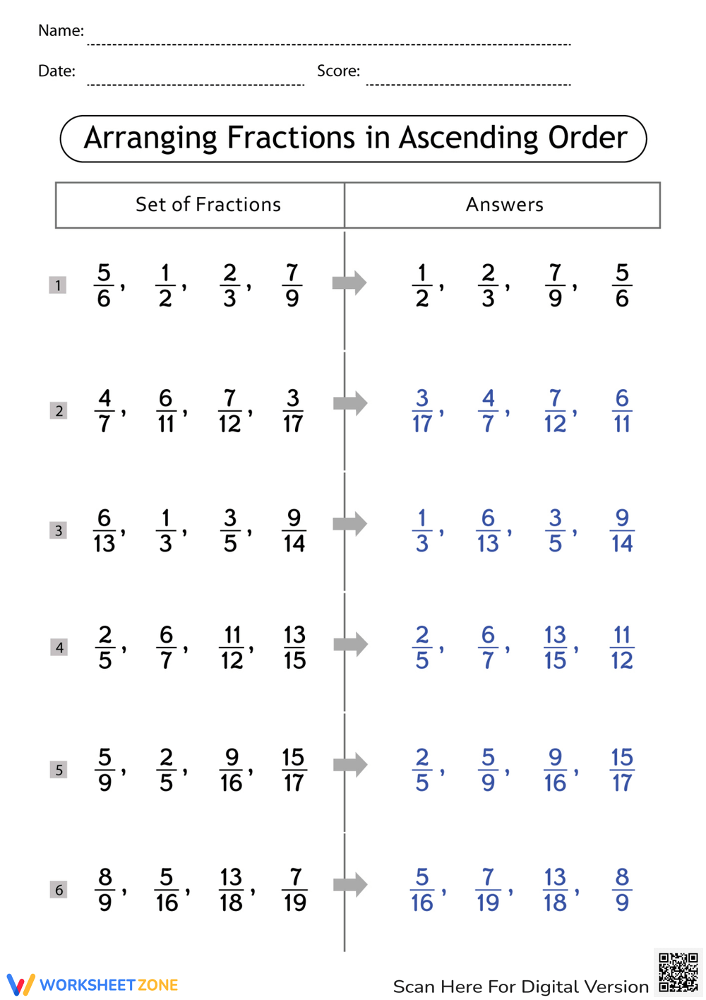 ordering fractions worksheet