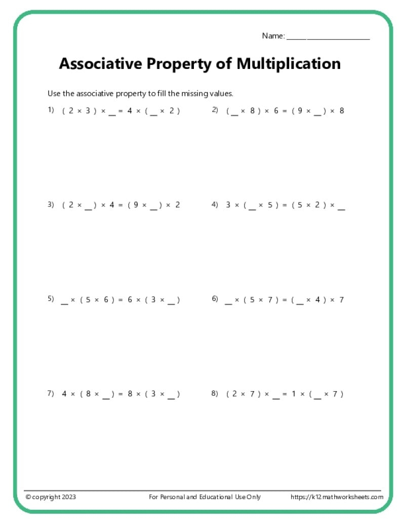 Associative Property Of Multiplication Worksheets
