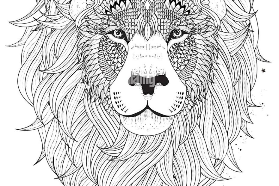 Attractive Fluffy Lion Head Adult Coloring Page Stock Vector